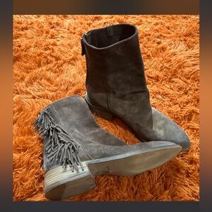 Gray Suede Fringe Ankle Boots - Women